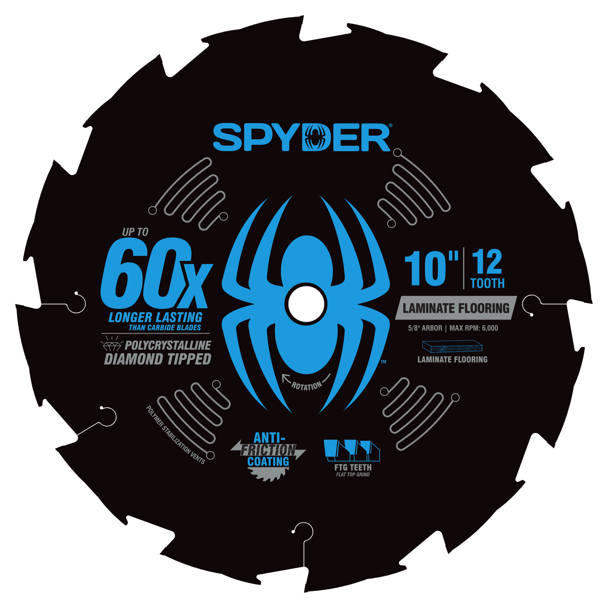 Spyder Laminate Flooring Saw Blade — 10in., 12-Tooth, PCD Tipped, Anti-Friction Coating, Model# 13103